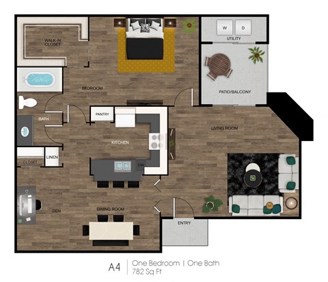 Floor plan for 1 bed, 1 bath, 782 sqft